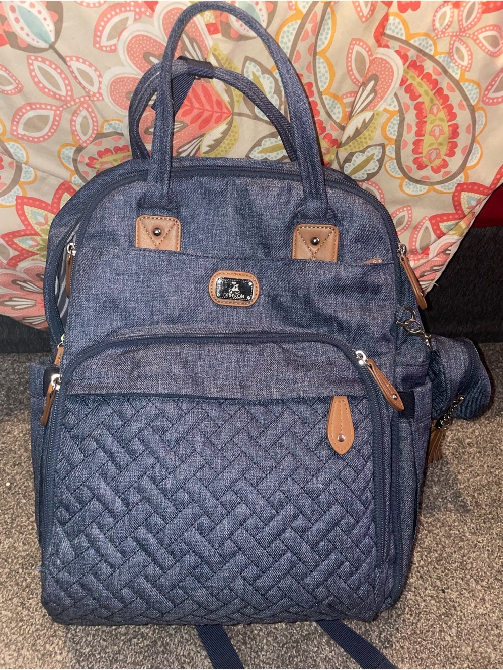 Quilted Navy Backpack Tote with Tan Accents